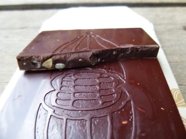 Mindo Chocolates 77% with macadamia nuts dark bar; grown, made & sold in Ecuador.