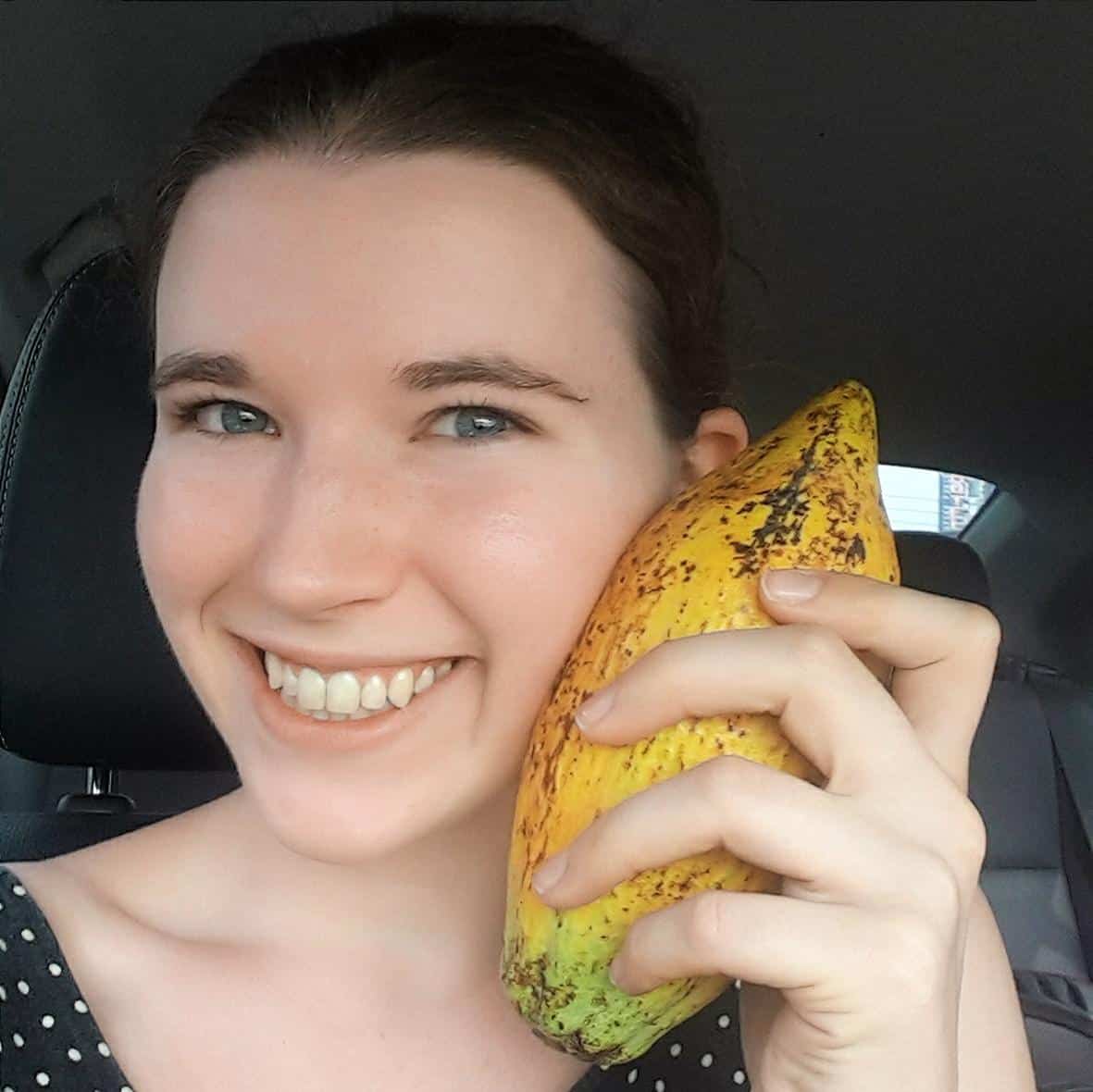 Holding a taiwanese taiwan cacao pod in a car