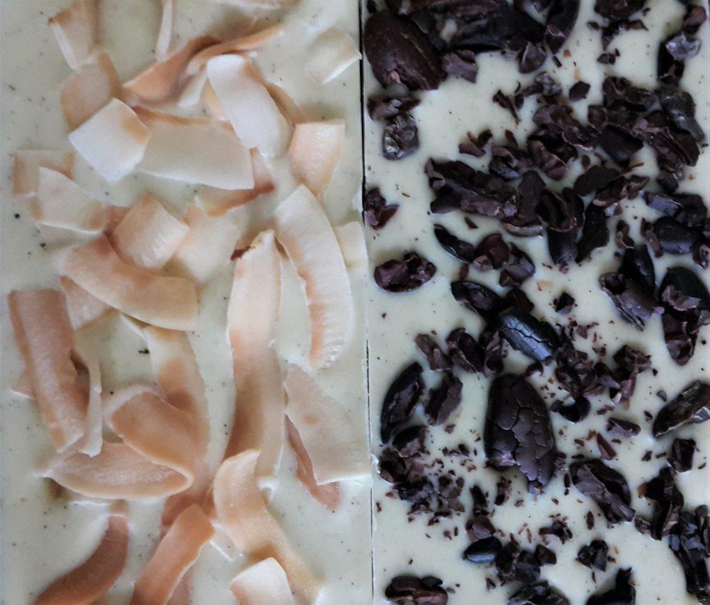 Bag to Bar How to Make White Chocolate at Home inclusions coconut and nibs