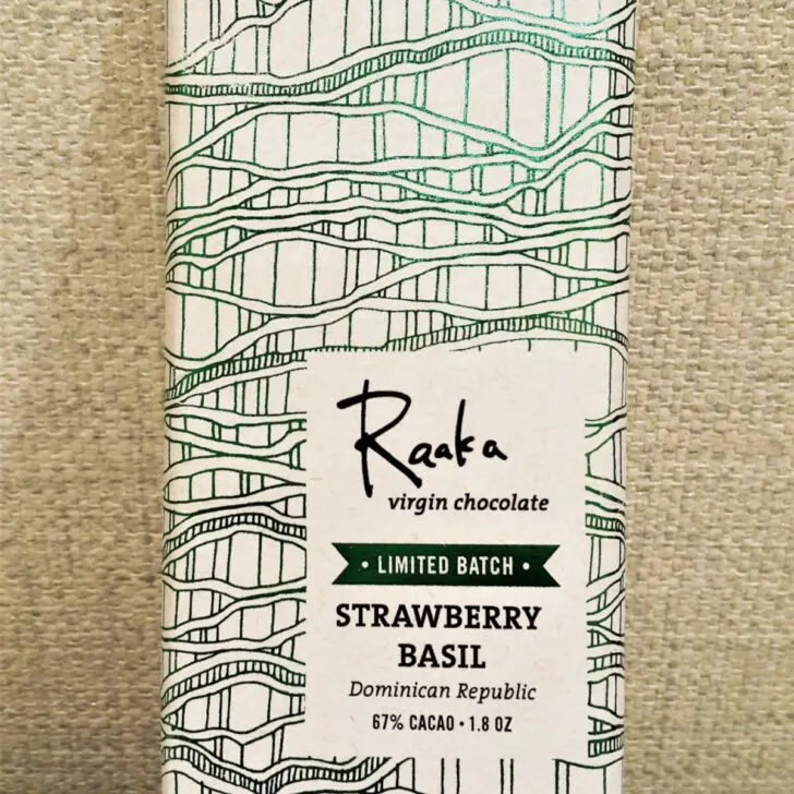Raaka Chocolate Strawberry Basil Front of Bar Packaging