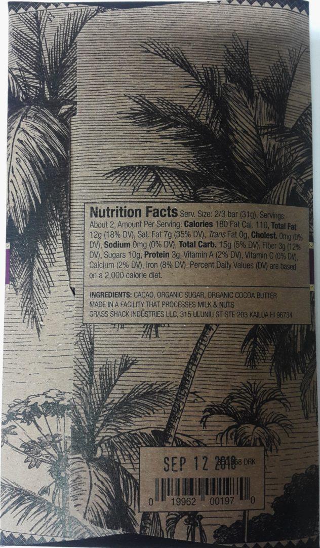 Manoa Hilo Island Chocolate Back of Bar Packaging