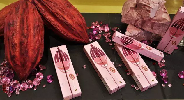 ruby chocolate packaging in a display in south korea with ruby cacao pods