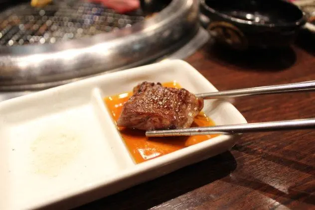 Affordable Kobe beef in Kobe shot of meat dipped in sauce