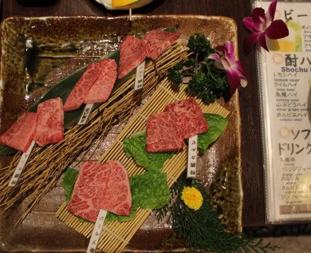Affordable Kobe beef in Kobe overhead shot of marbled meat