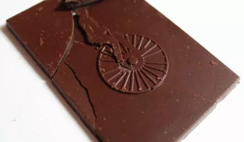 Craft chocolate bar naive lithuanian ambrosia dark pollen chocolate front of bar closeup