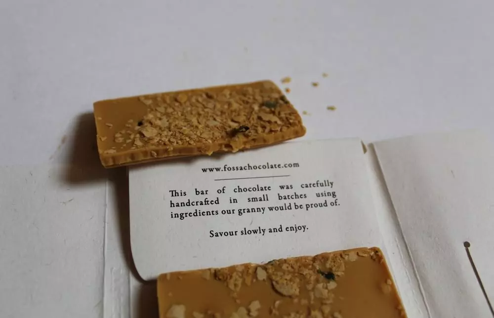 Craft Chocolate Review Fossa Salted Egg Cereal Bar Back of Bar Inclusions Closeup