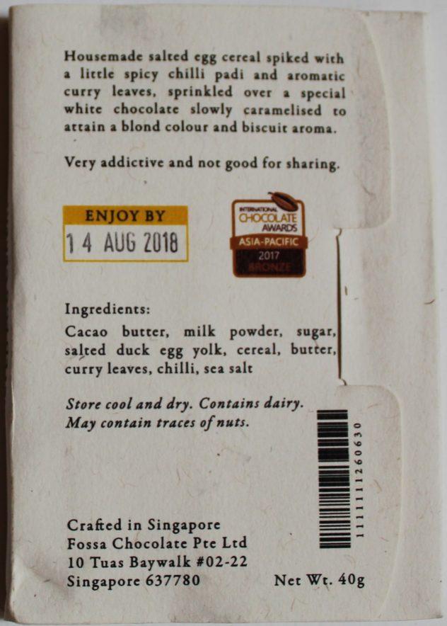 Craft Chocolate Review Fossa Salted Egg Cereal Bar Back of Bar