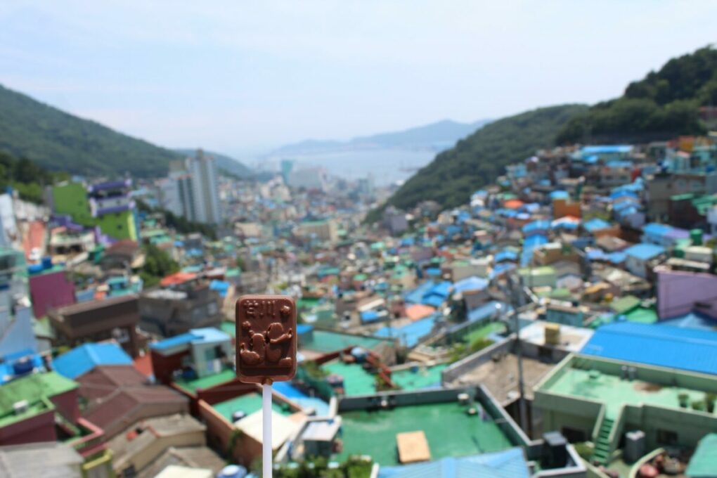 Chocolate candy over looking colorful roofs in Busan.