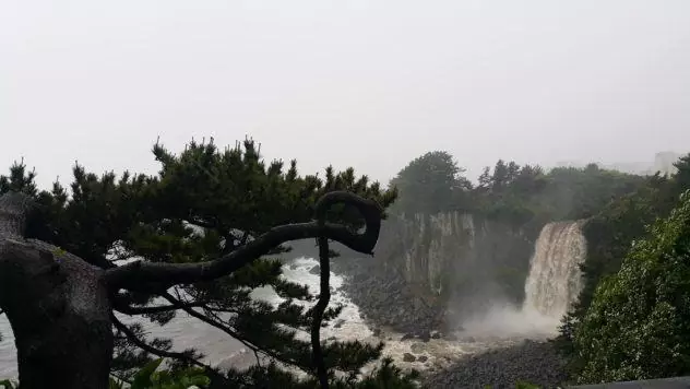 Jeongbang Waterfall, unfortunately sans rainbow, here. | #travel #korea #jeju #island #itinerary