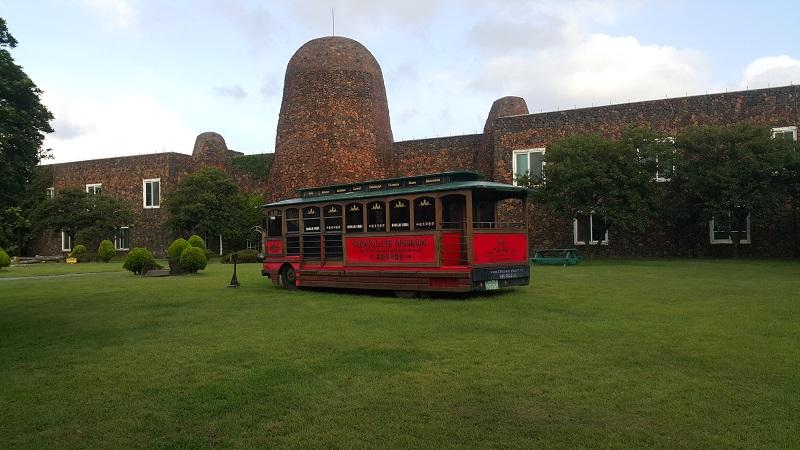 A tram in front of Jeju Chocolate Museum.