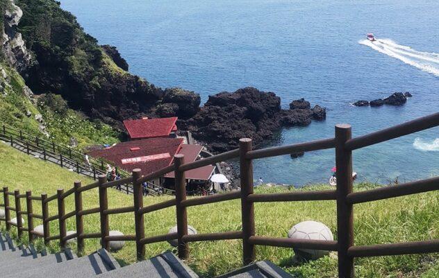 View from a cliff in Jeju overlooking the sea,