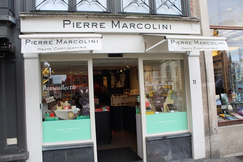 Pierre Marcolini Belgian chocolate shop showcasing the brand's fine craftsmanship.