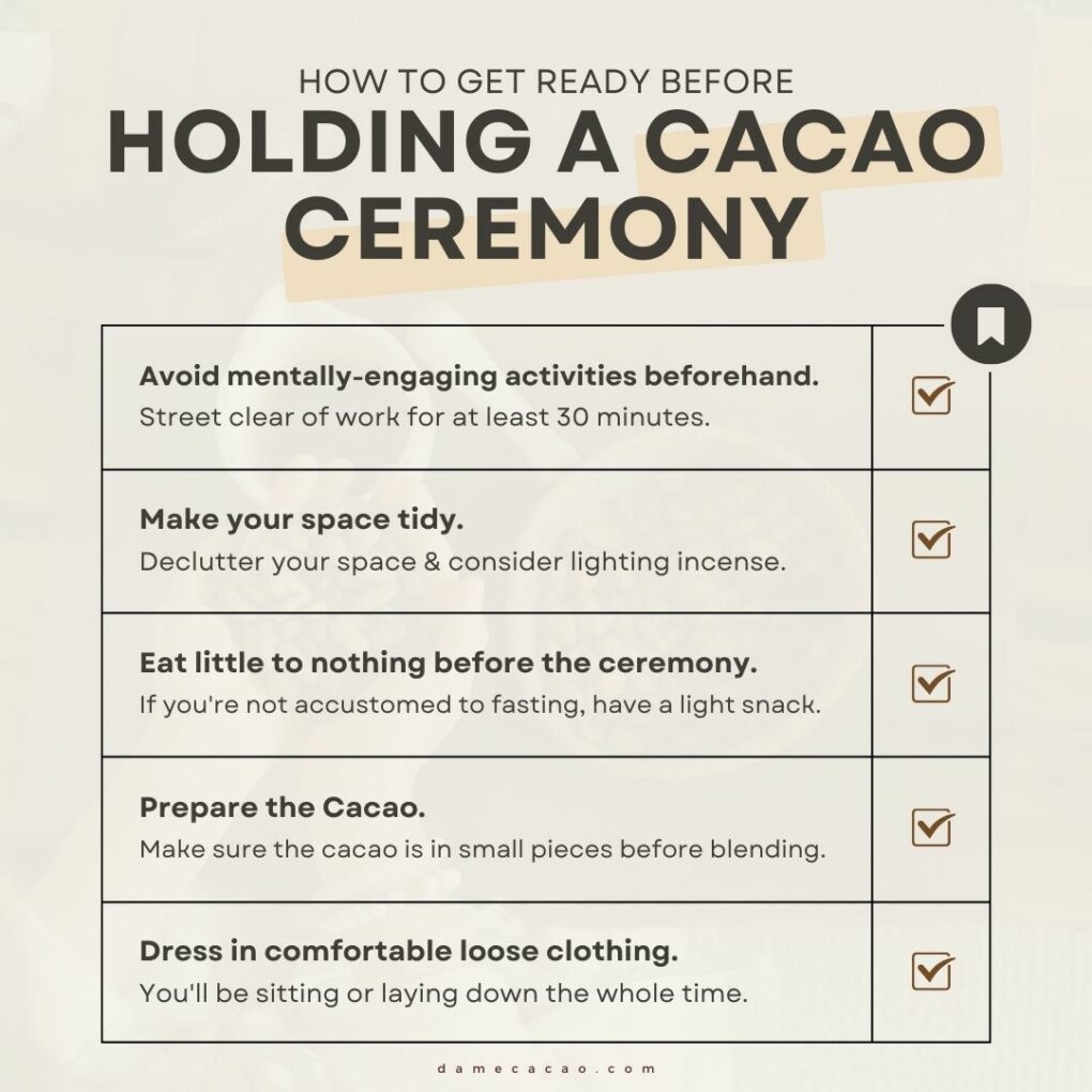 Essential checklist guide for preparing a cacao ceremony, featuring tips and insights for a successful cacao ritual.