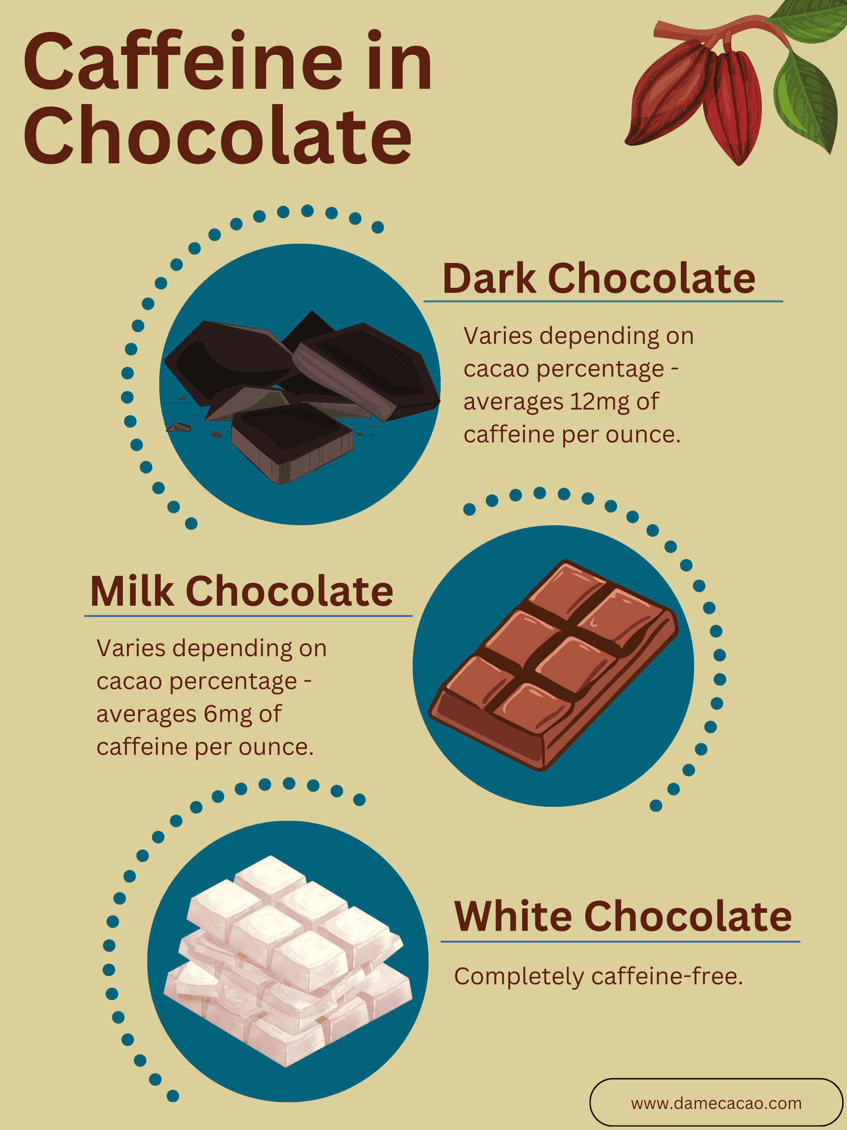 Infographic showing caffeine levels in different types of chocolate, including dark, milk, and white chocolate.