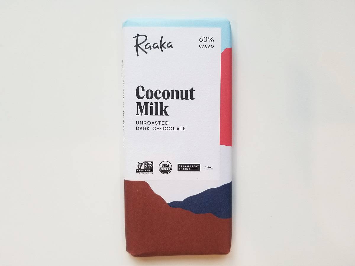 bar of Raaka coconut milk chocolate on a white background.