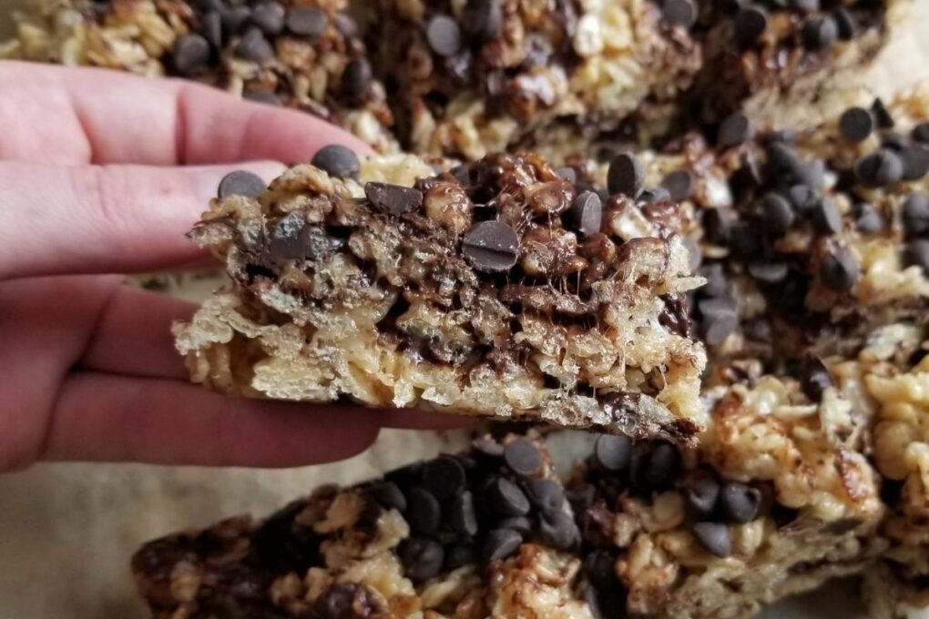 a slice of Chocolate Chip Rice Krispie treat.