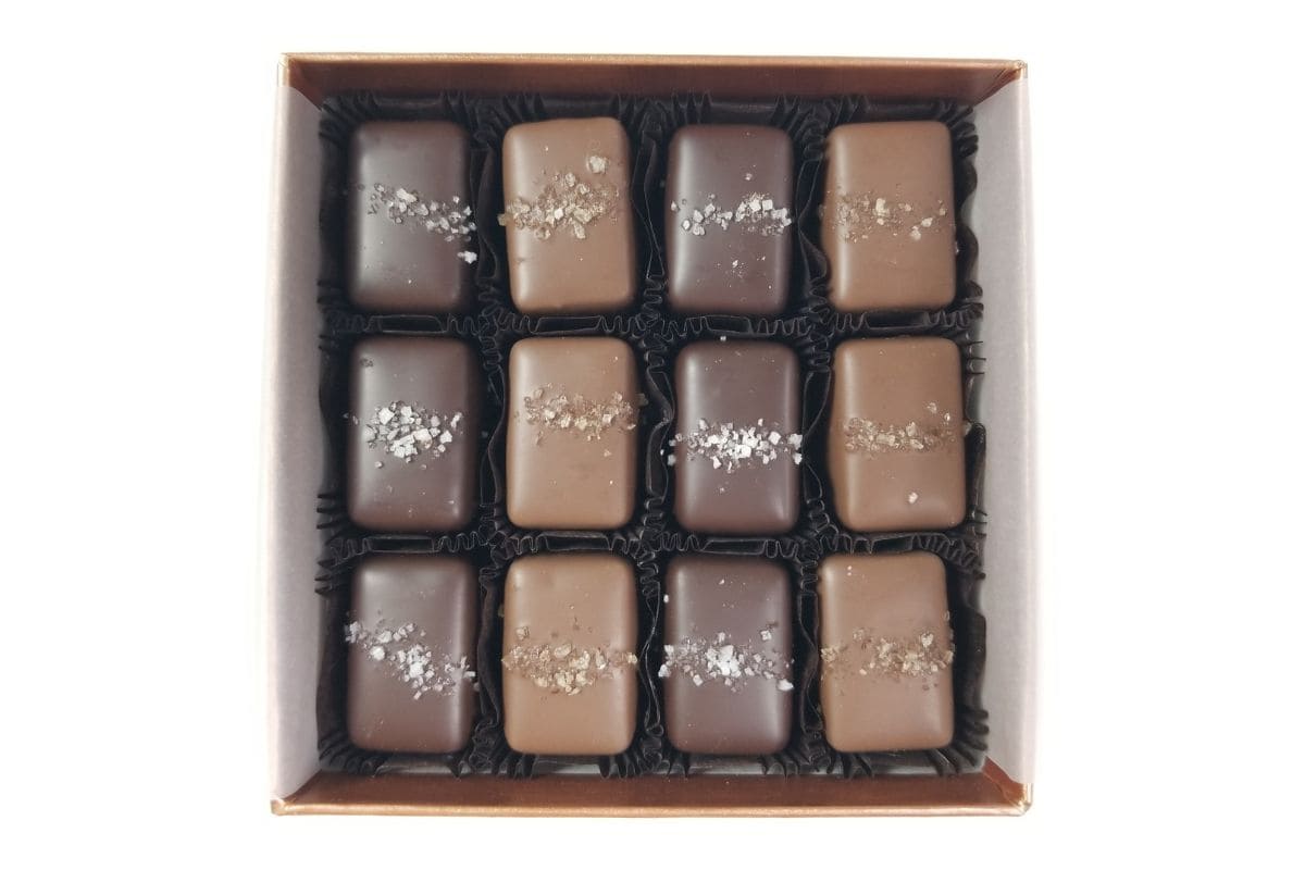 a dozen rectangular, sea salt-sprinkled chocolate-covered caramels in a box on a white background.