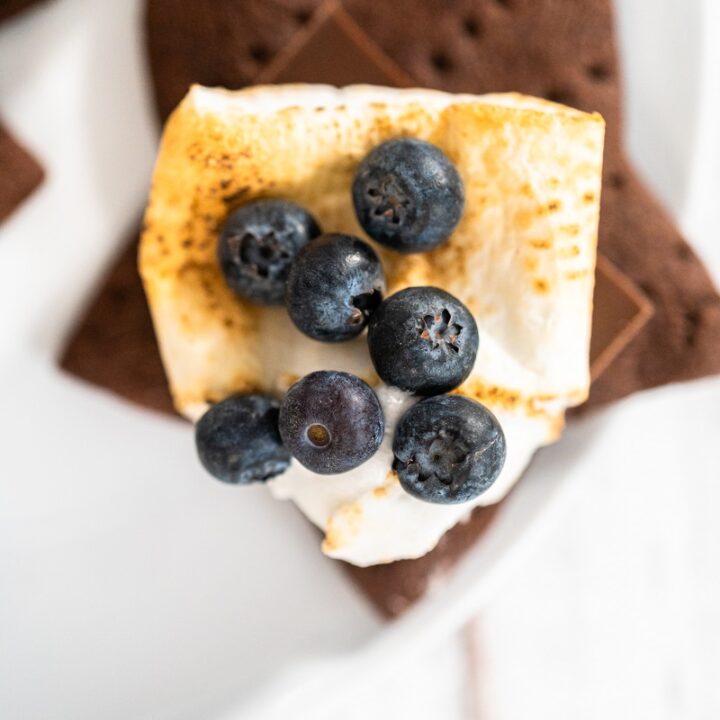 s'more on a homemade star-shaped chocolate graham cracker with toasted marshmallow and fruits.