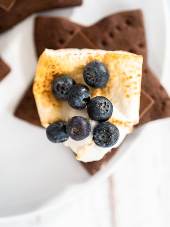 s'more on a homemade star-shaped chocolate graham cracker with toasted marshmallow and fruits.