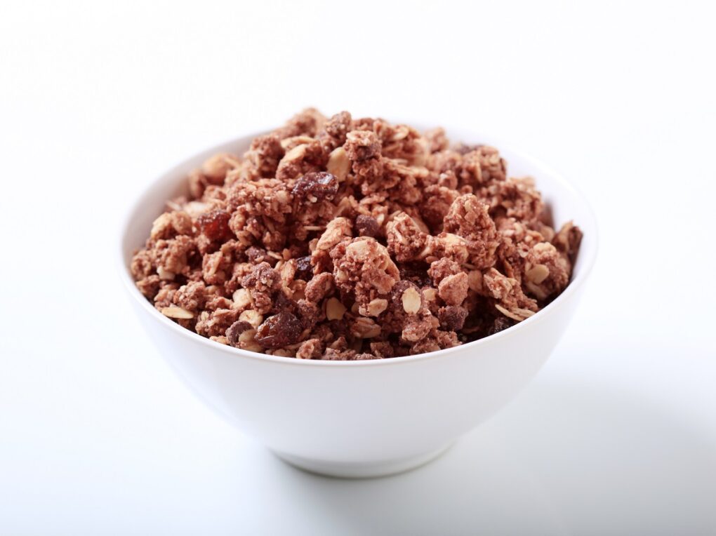 A bowl of Purely Elizabeth Chocolate Sea Salt Granola.