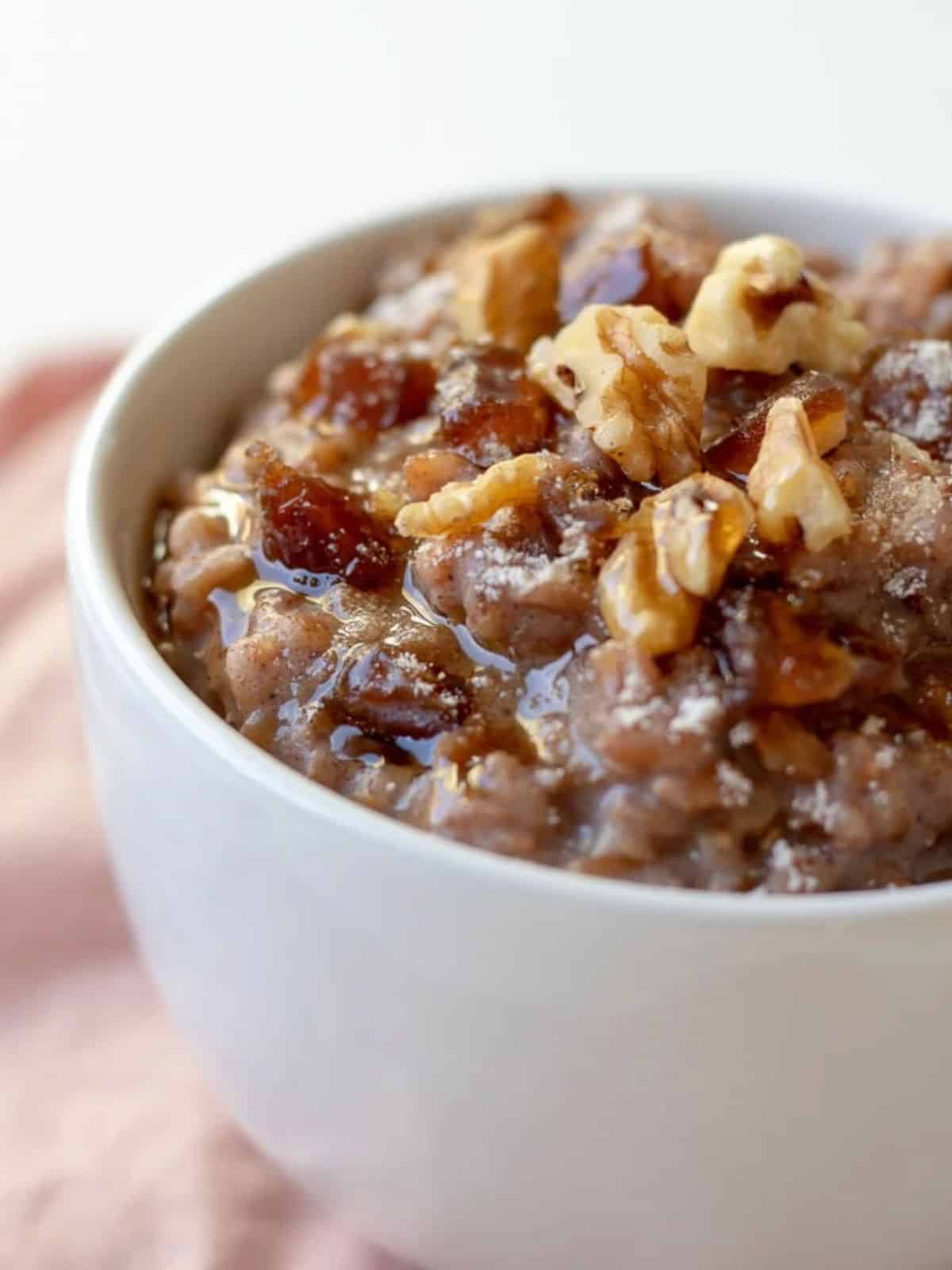 Farro Pudding with Dates and Cardamom in a bowl.