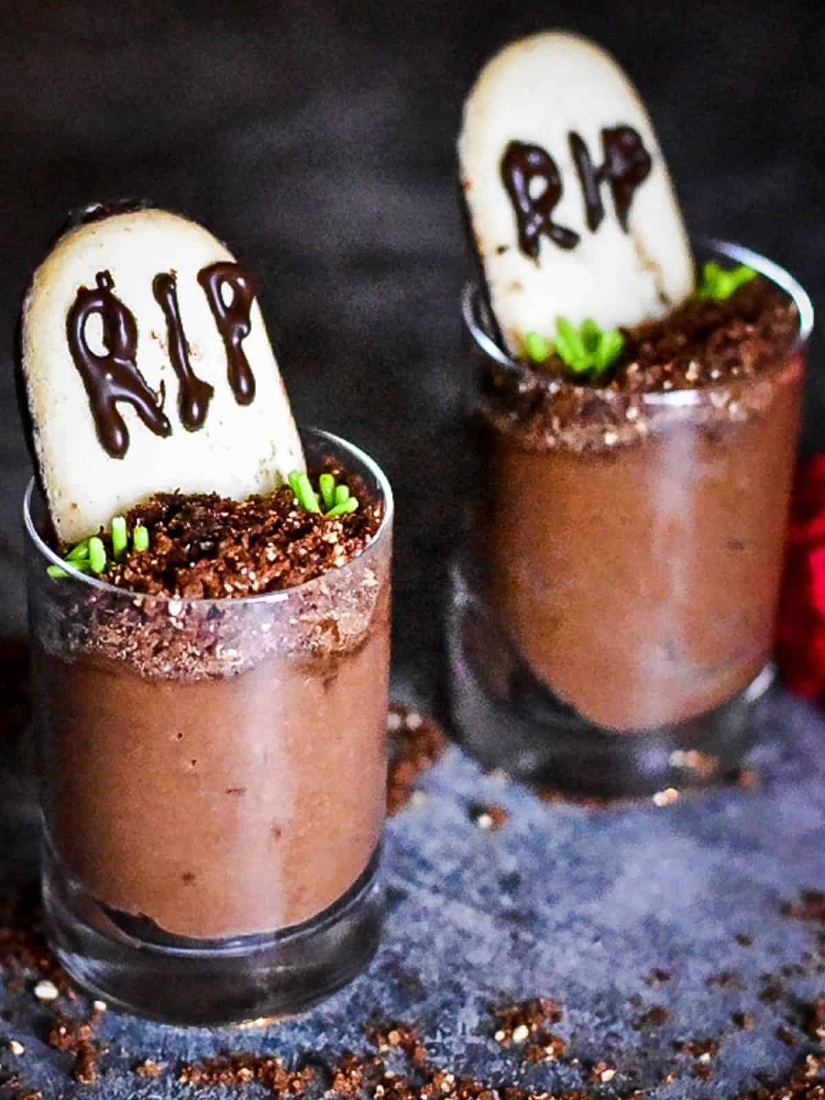 Eggless Chocolate Mousse with tombstone candy.