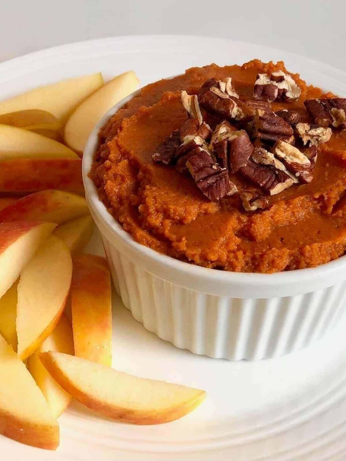 Pumpkin Spice Hummus in a sauce bowl.