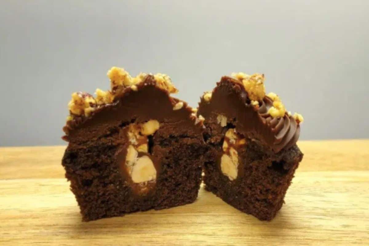 Chocolate Hazelnut-Filled Cupcakes with whole hazelnut filling. 