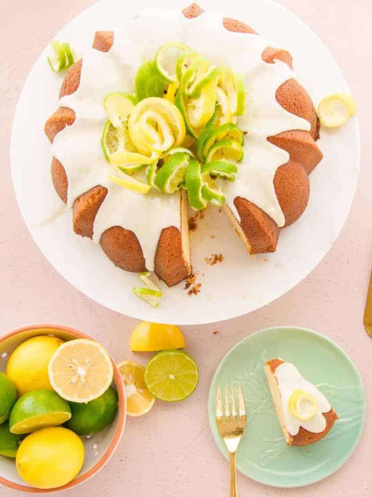 A sliced 7-Up Pound Cake topped with a citrus glaze, perfect for fans of lime desserts.