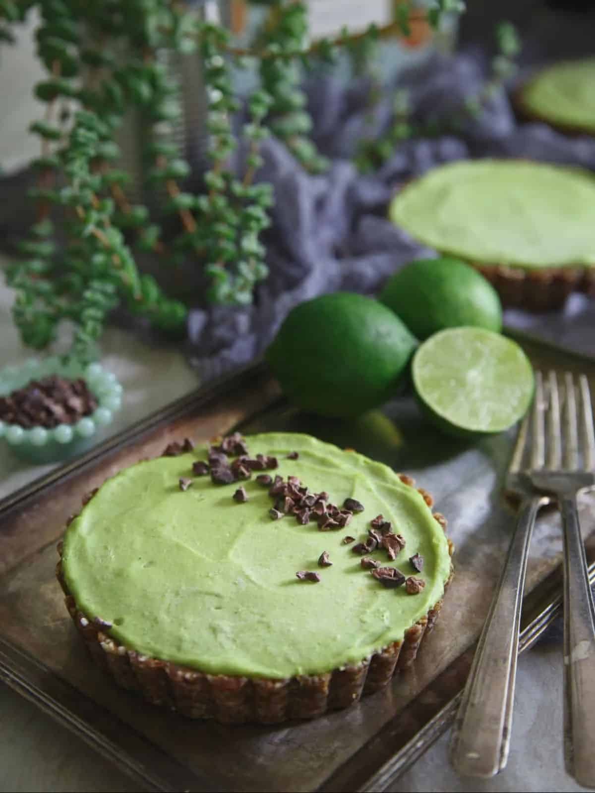 No-Bake Avocado Lime Tart on a tray.