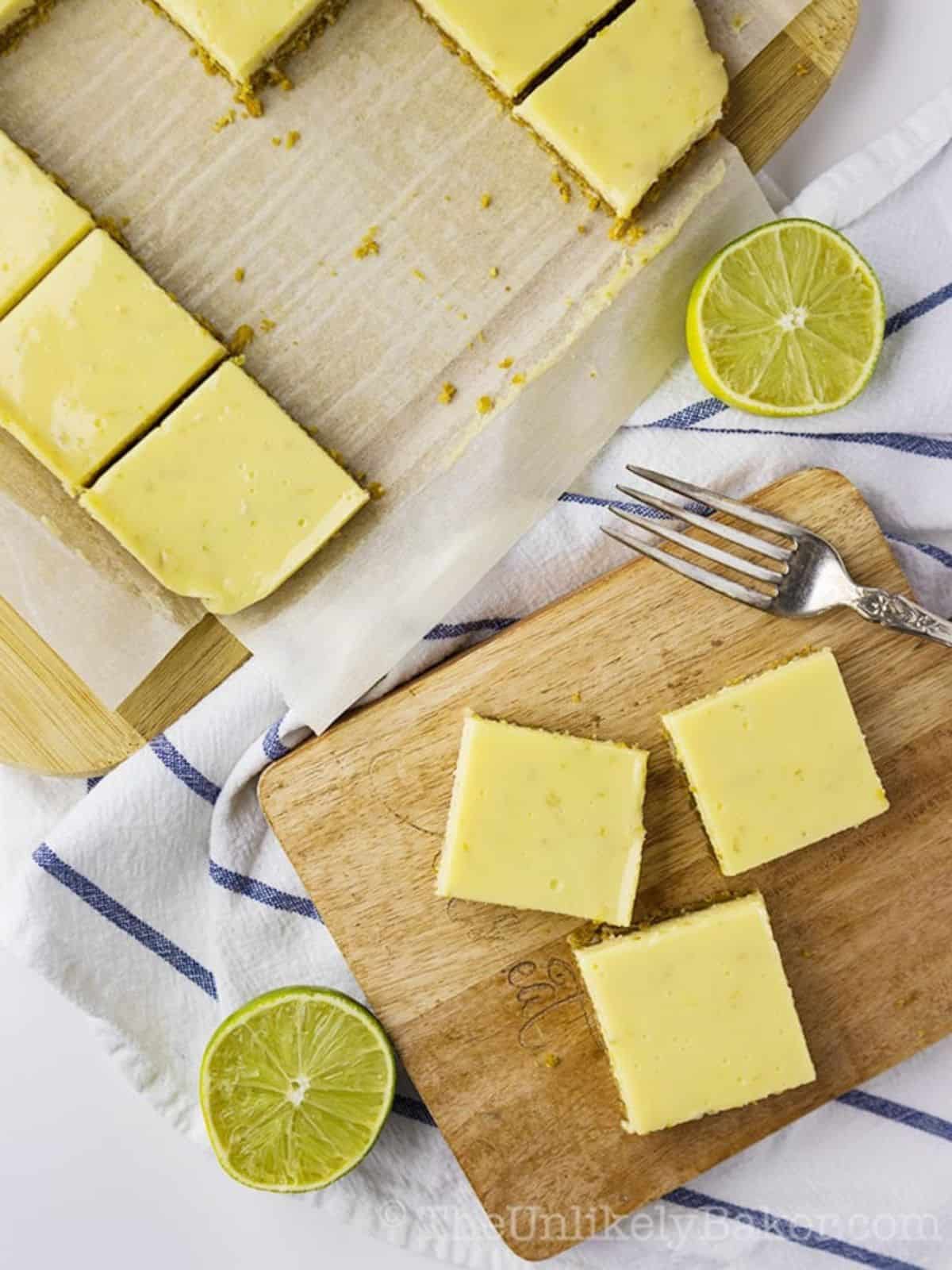 Creamy Lime Bar on a wooden board. 