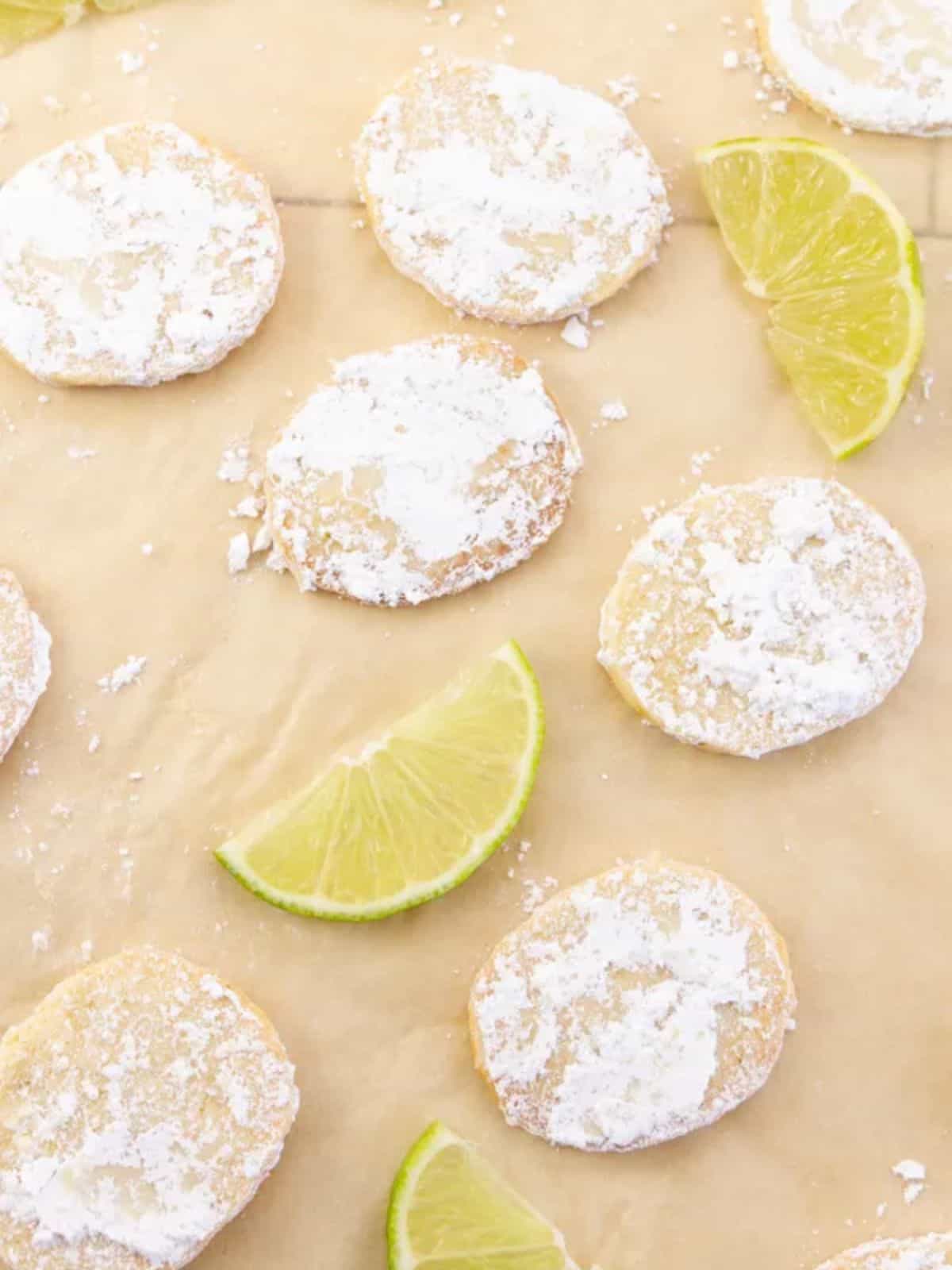 Lime cookies covered with powdered sugar.