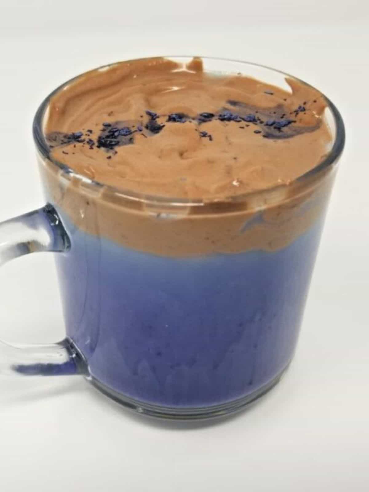 Chocolate Blue Matcha Latte in a glass mug. 