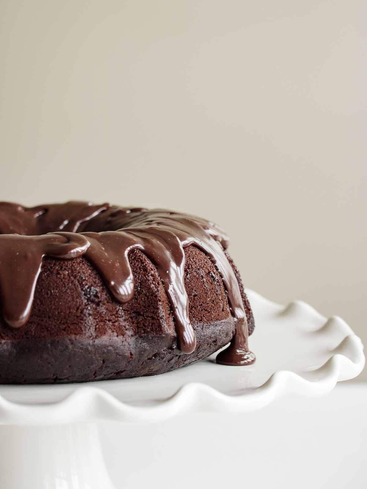 Sourdough Chocolate Cake topped with chocolate cream.