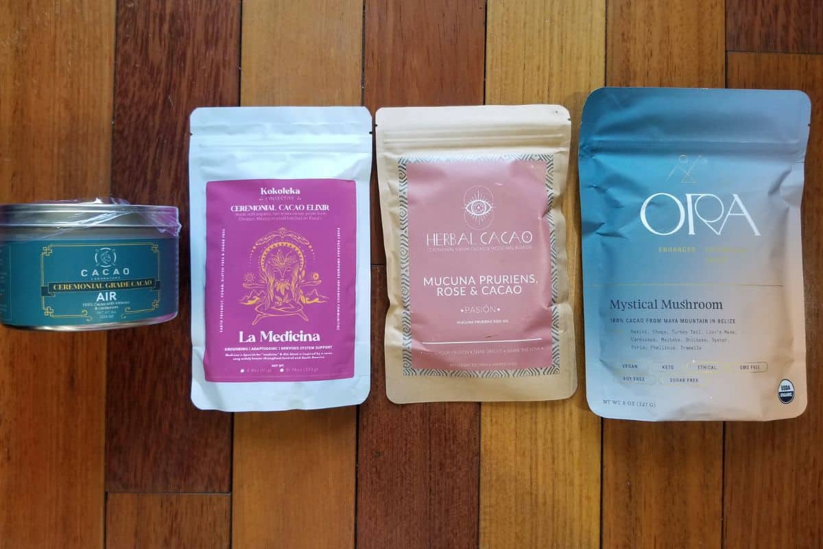 Selection of top ceremonial grade cacao brands featured in the guide on "What is Ceremonial Cacao? (Recipe + Brand Reviews)."