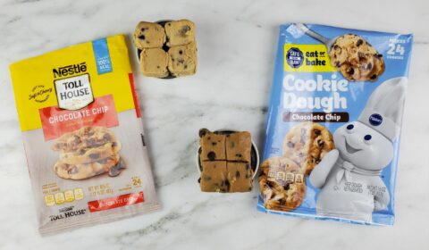 two packs of chocolate chip cookie dough from the brands Nestle and Pillsbury.