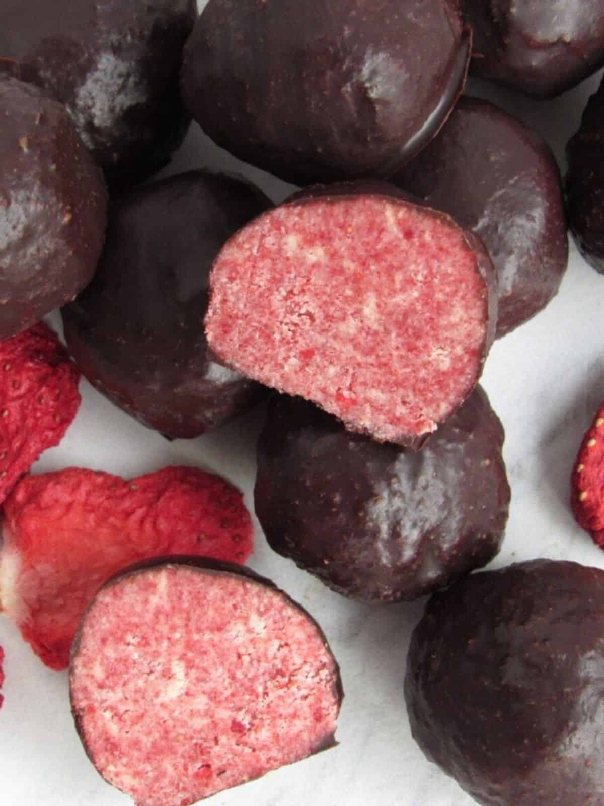 Red Dessert Chocolate Covered Strawberry Protein Balls