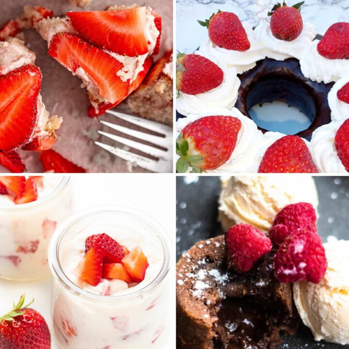 Valentine's Day Desserts Featured Image collage of four fancy red desserts on plain backgrounds.