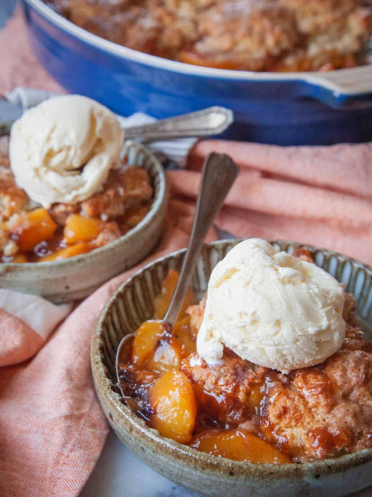 delicious Southern peach cobbler with a buttermilk-infused twist.