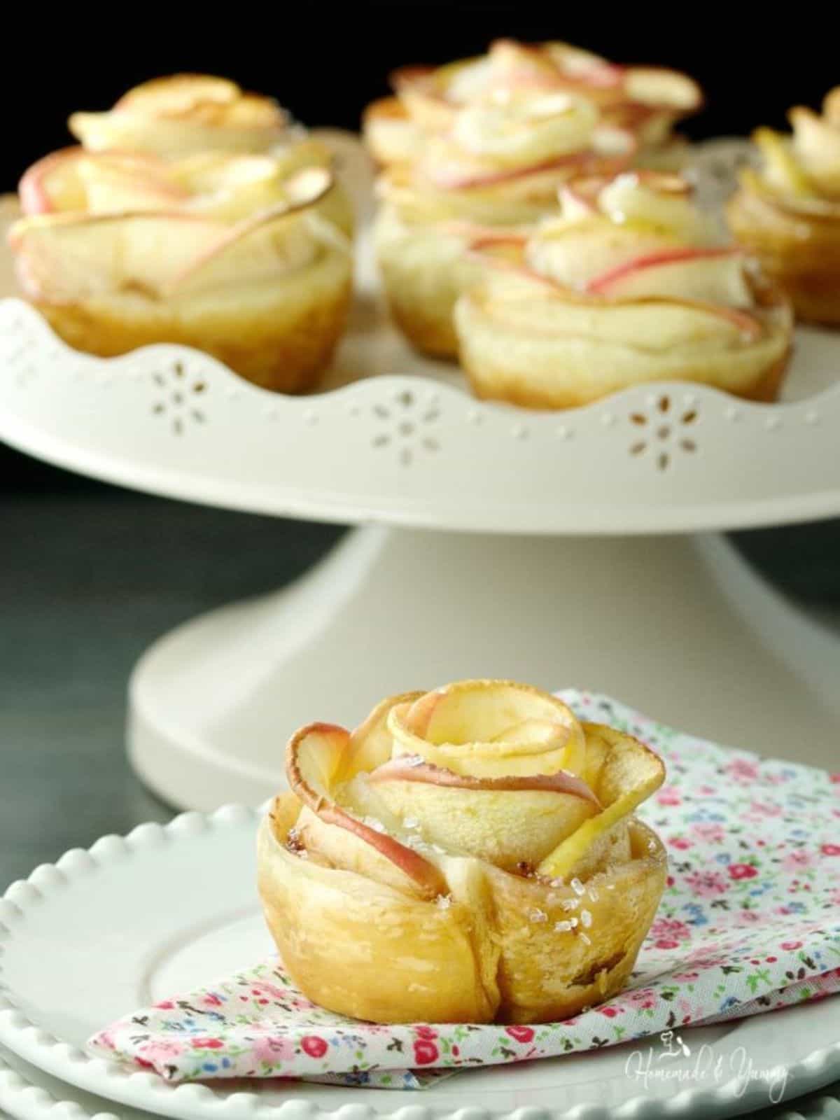 Beautiful Apple Slices formed into a rose then baked atop a Puff Pastry Shell