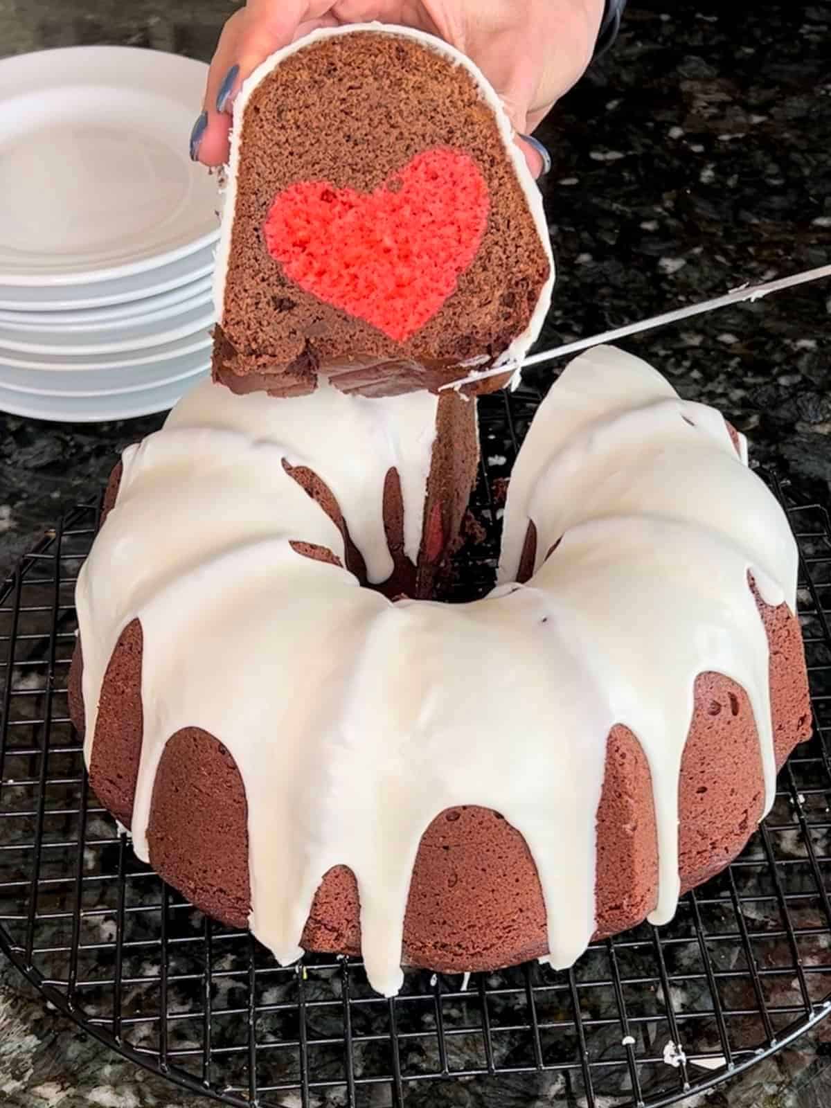 Chocolate Bundt Cake and Slice with Heart surprise showcase and Vanilla Glaze