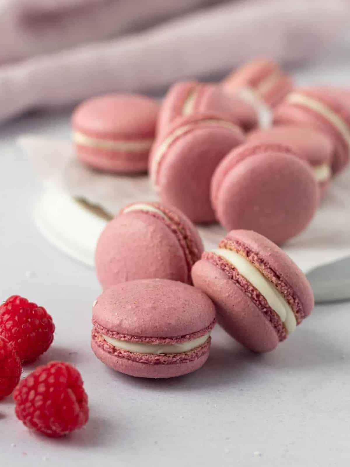 Delightful Pink Raspberry Macarons with Creamy White Chocolate Buttercream filling