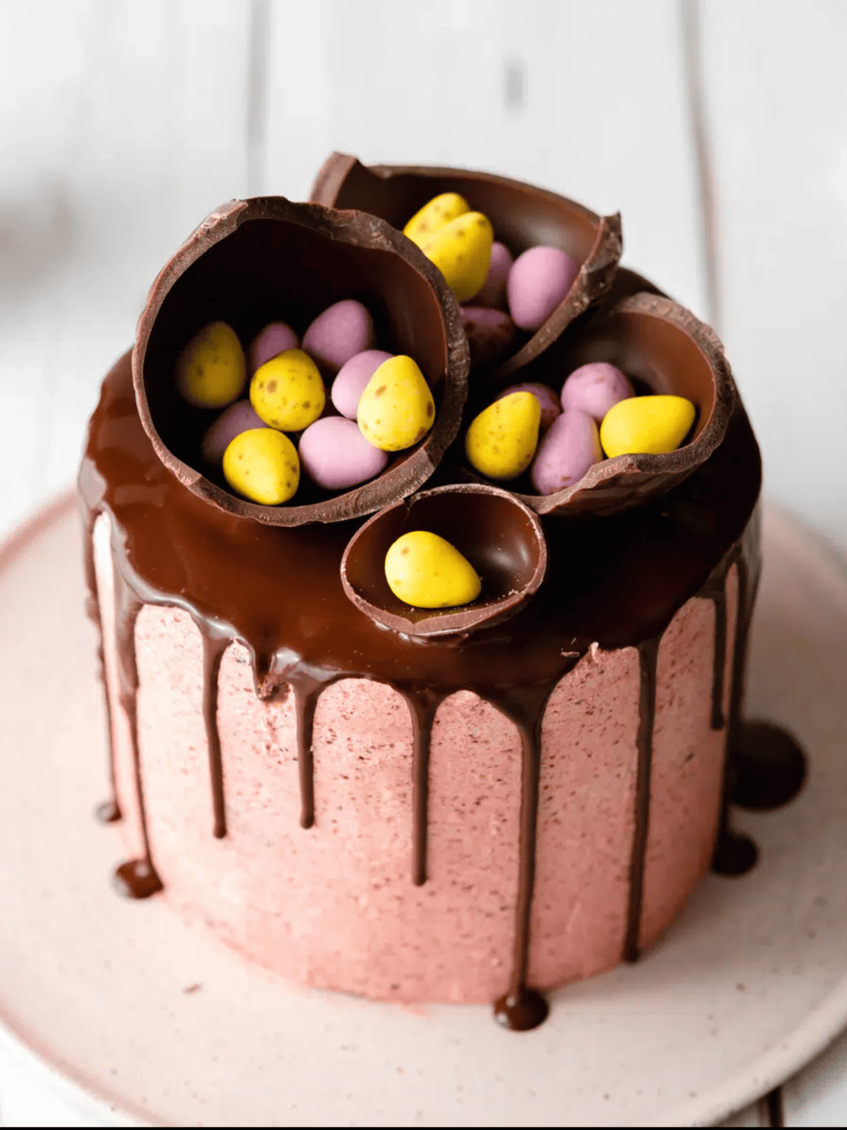 a decorated Easter egg cake with vibrant pastel-colored eggs.