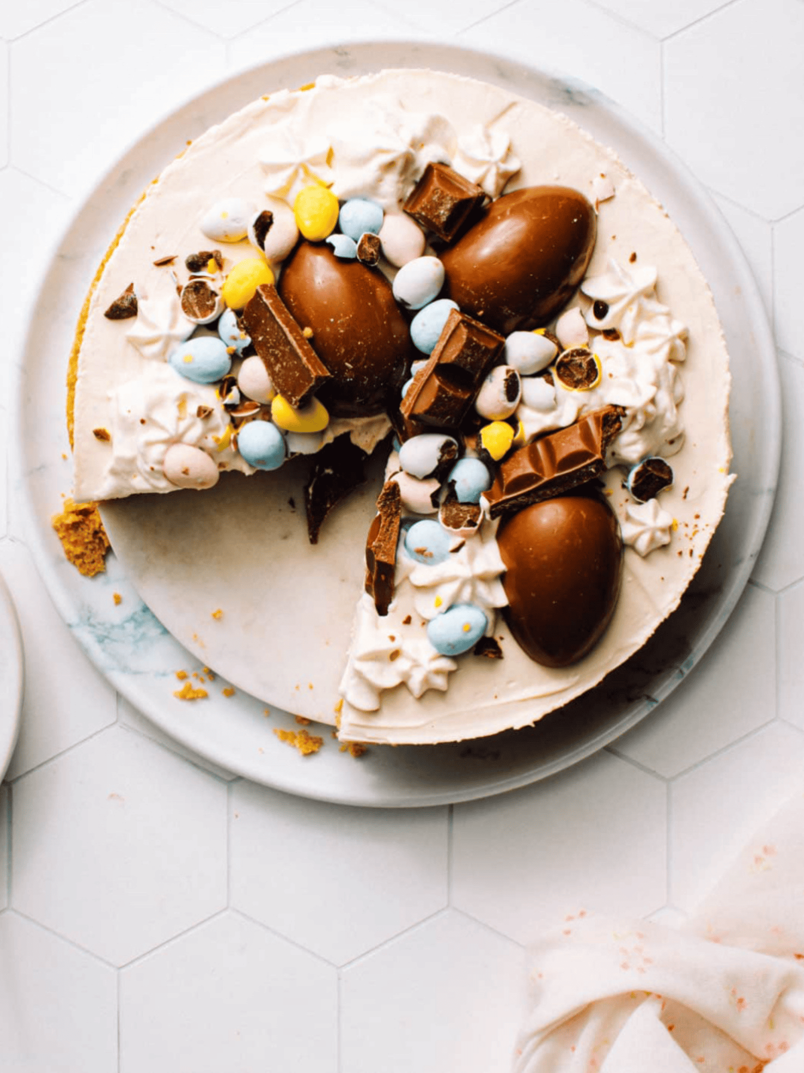 a delicious Easter-themed cheesecake adorned with colorful chocolate eggs and festive decorations on a plate.