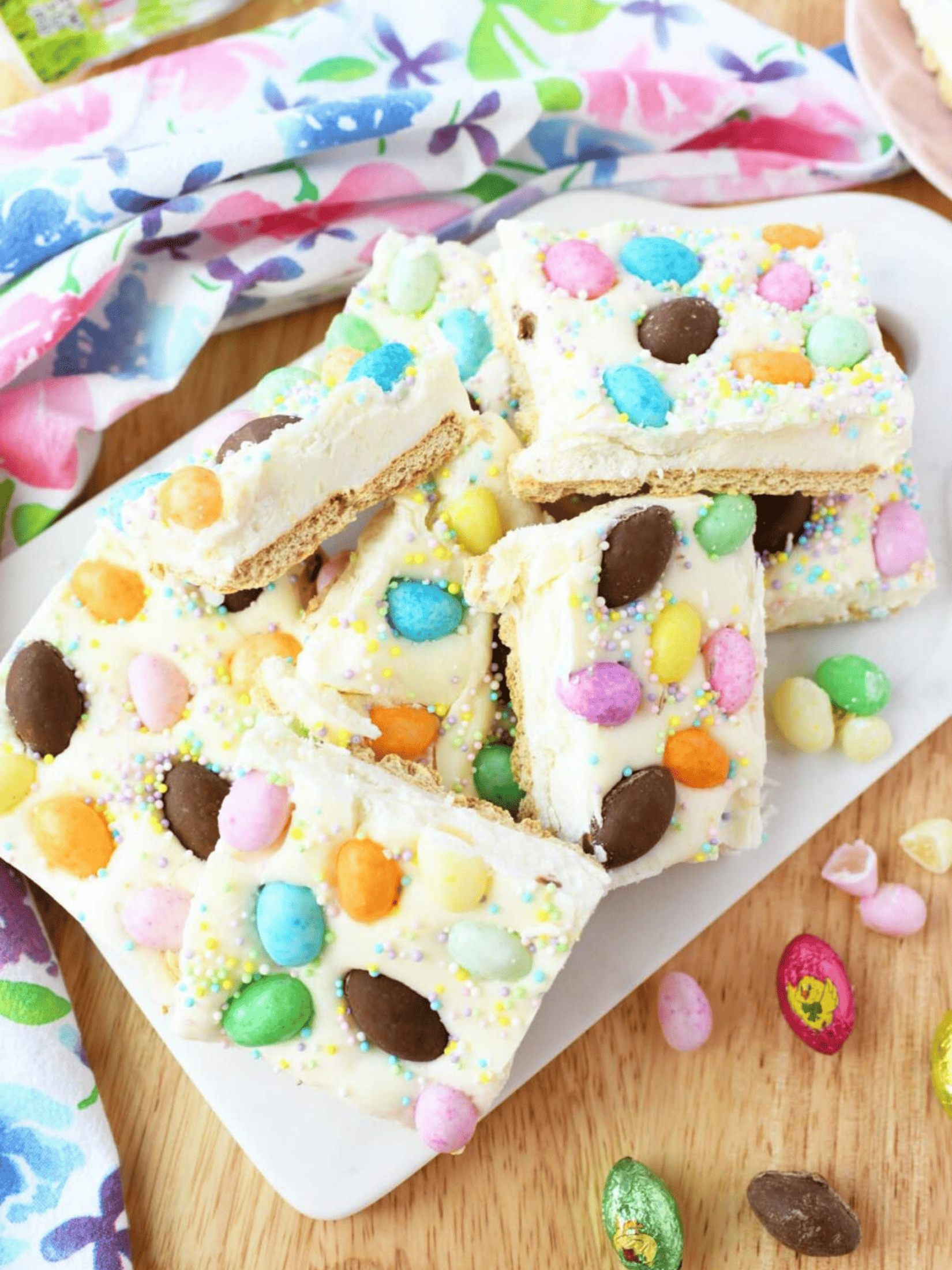 a sweet delight of Easter-themed s'mores candy bark adorned with pastel-colored candies.