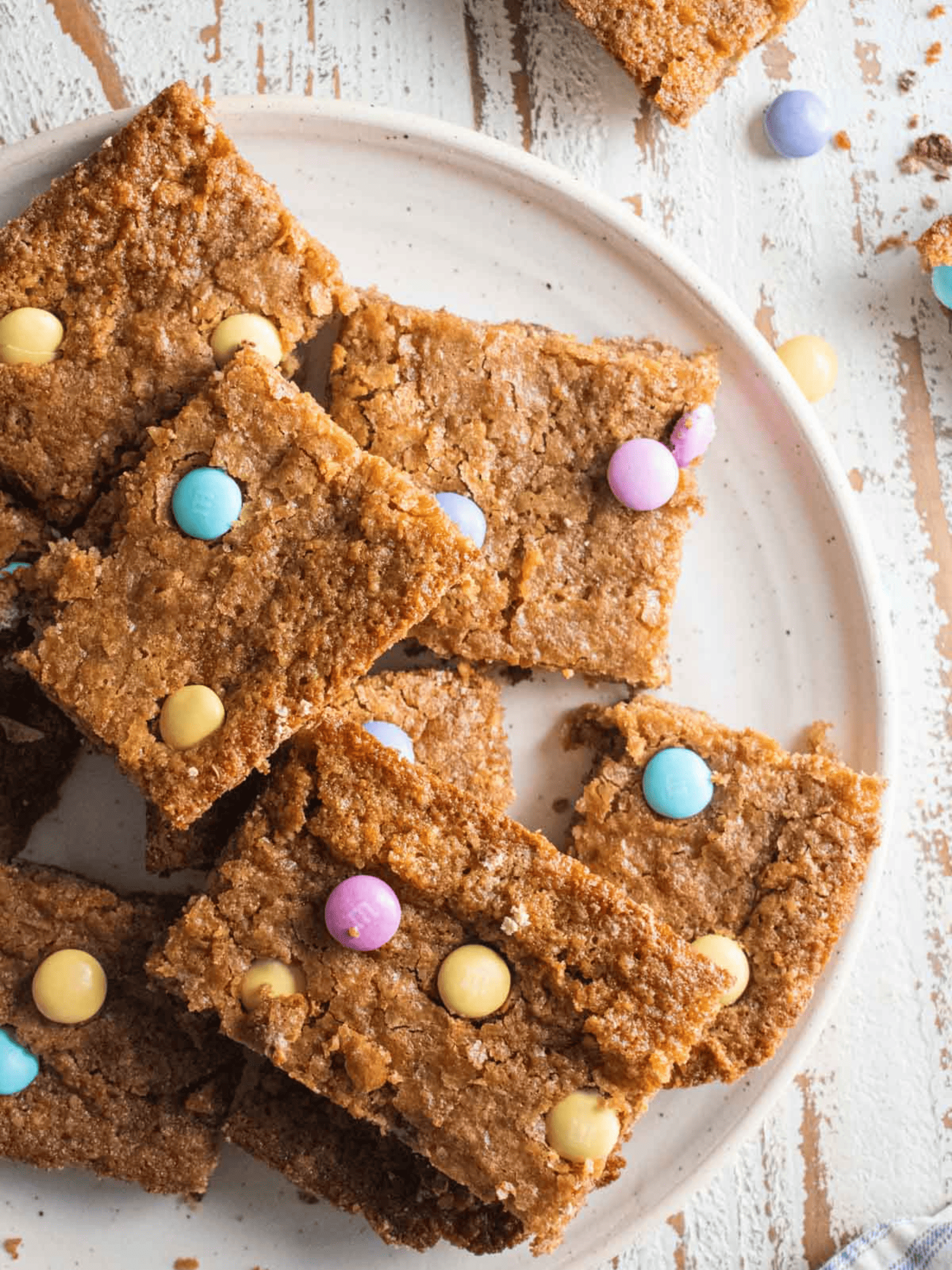 nutritious Easter blondies, topped with vibrant pastel-colored decorations.