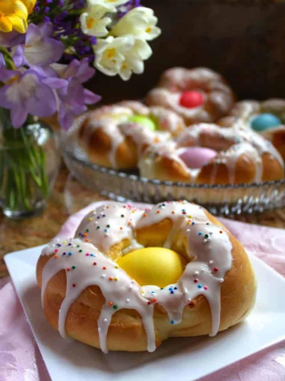 delicious Italian Easter bread rings topped with colorful sprinkles.
