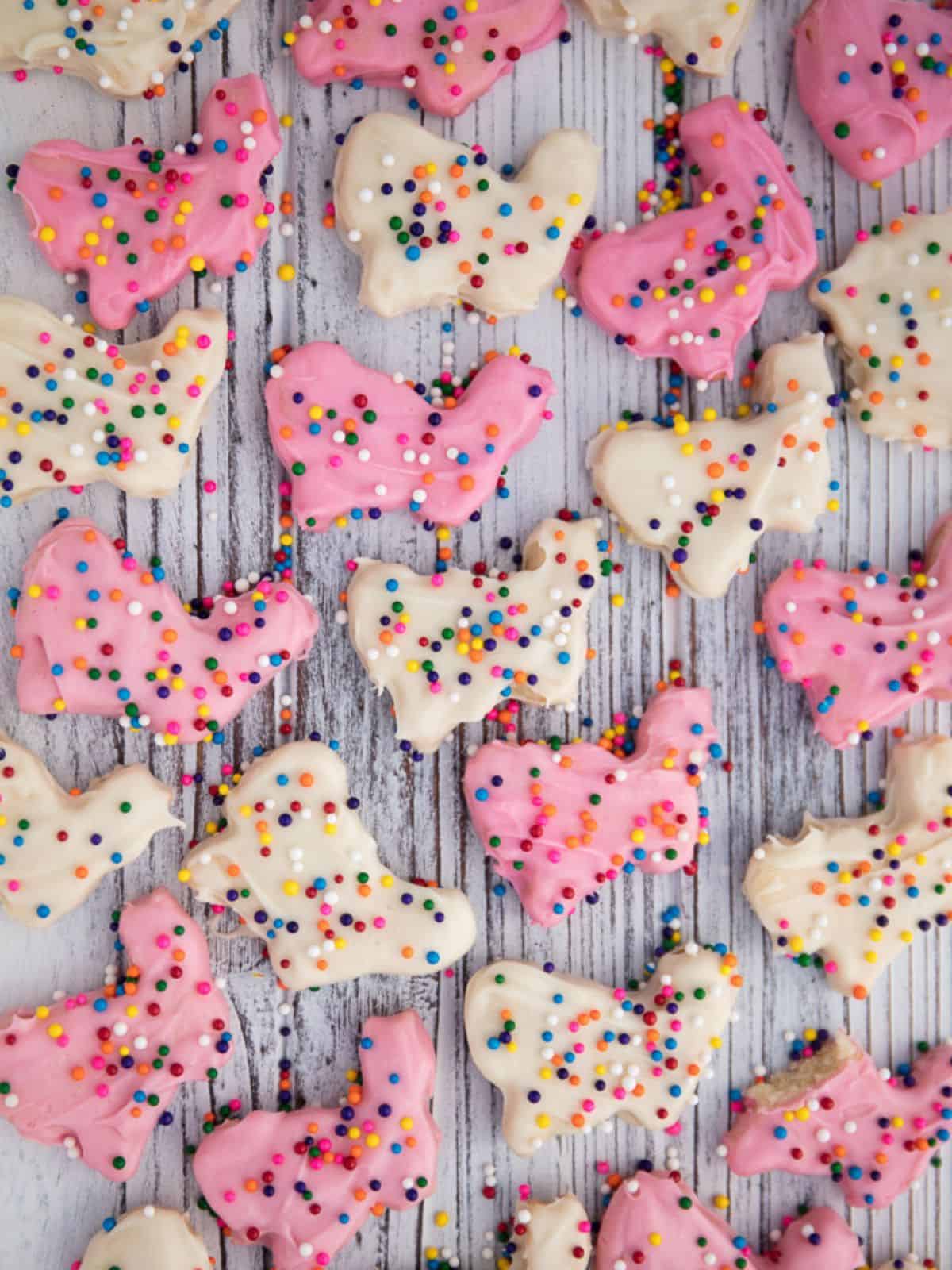 colorful assortment of vegan bunny-shaped cookies with frosted icing.