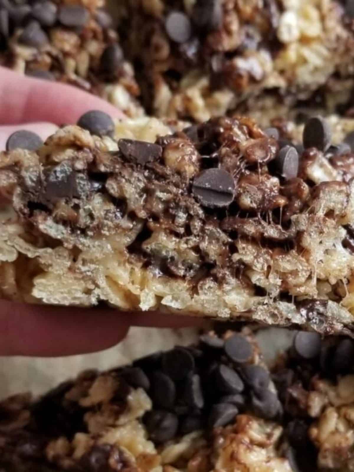 a slice of homemade rice krispies with chocolate chips.