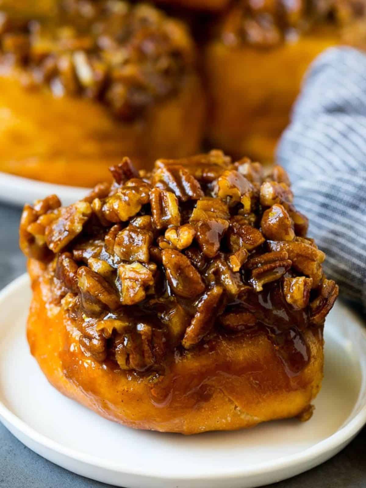 homemade sticky buns topped with crunchy pecans.